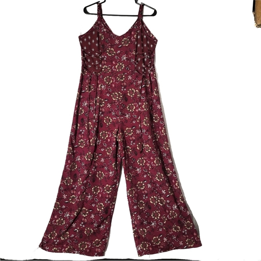 Band of Gypsies Burgandy Maroon Floral Lace up top Wide leg Jumpsuit